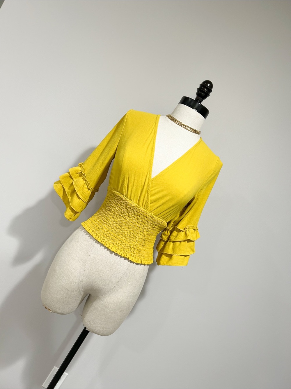 Altar'd State Yellow Smocked Waist V-Neck Ruffle Sleeve Top